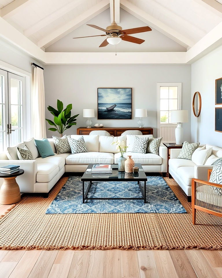 layered rugs to add warmth to a beach house living room
