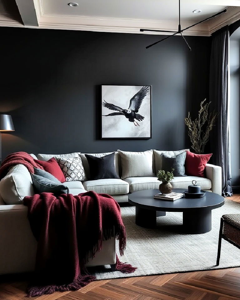 layered textiles moody living room