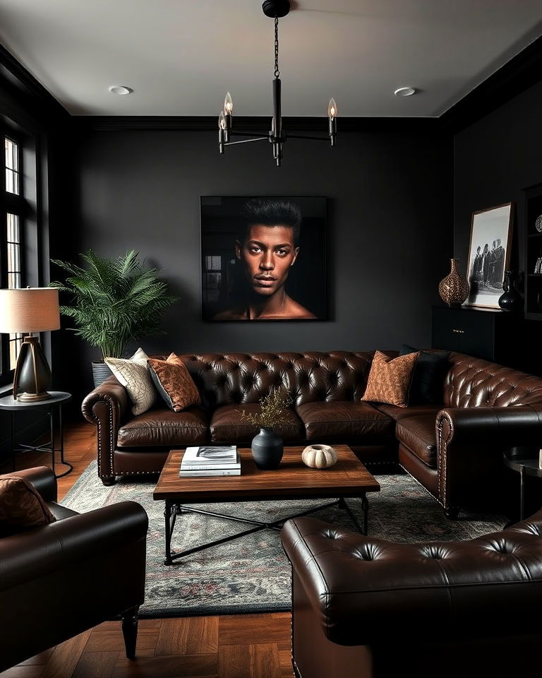 leather accents moody living room