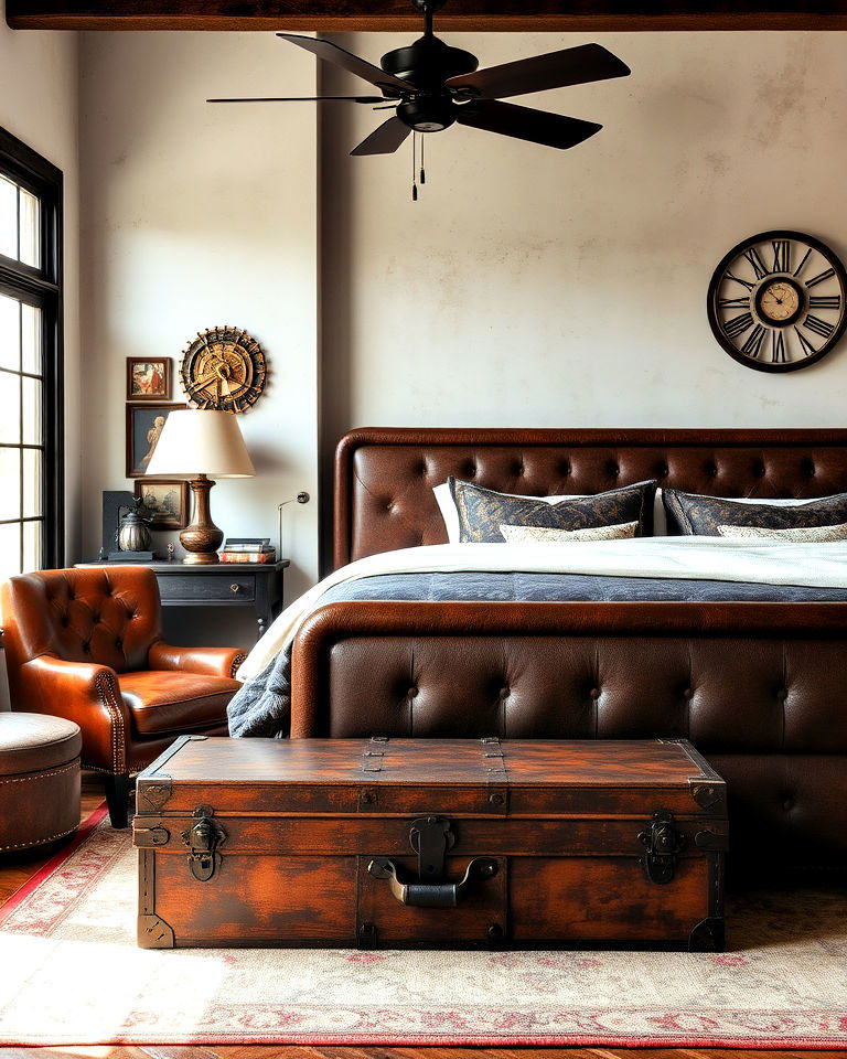 leather and metal accents steampunk bedroom