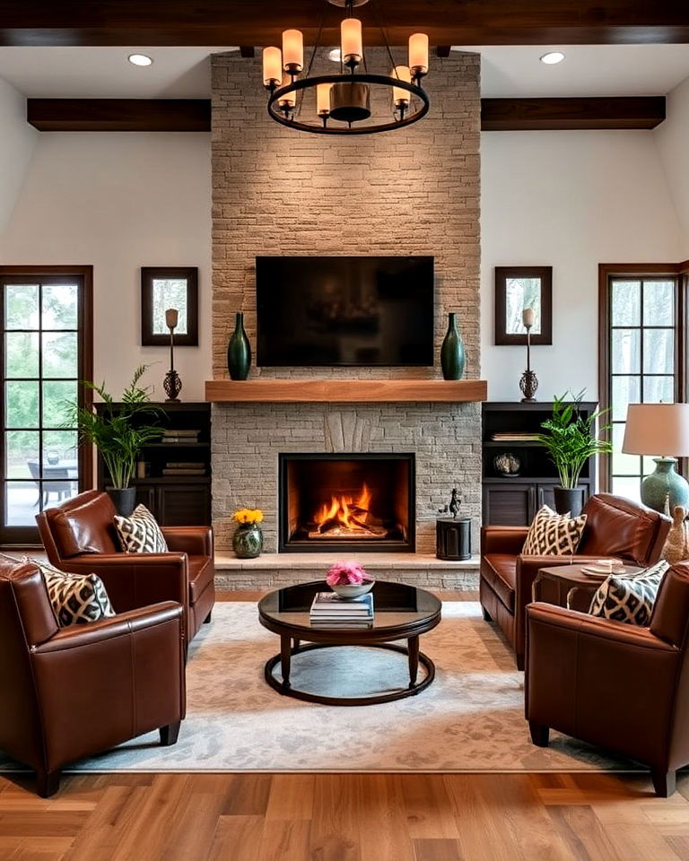 leather armchairs for a sophisticated fireplace seating