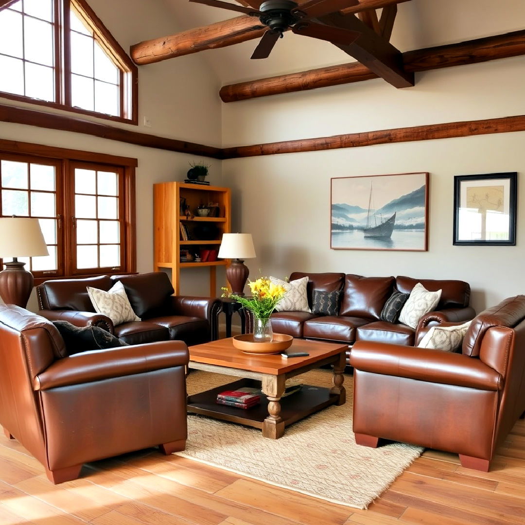 leather furniture to a small rustic living room