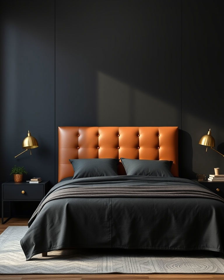 leather headboard against matte black walls