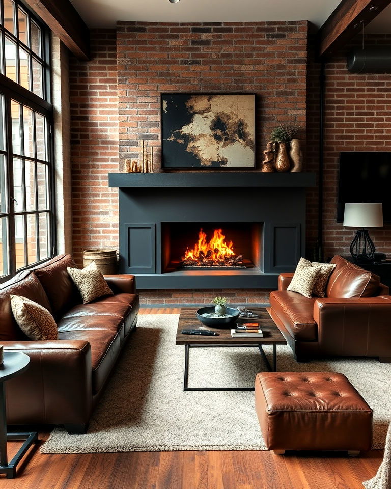 leather sectional with industrial fireplace