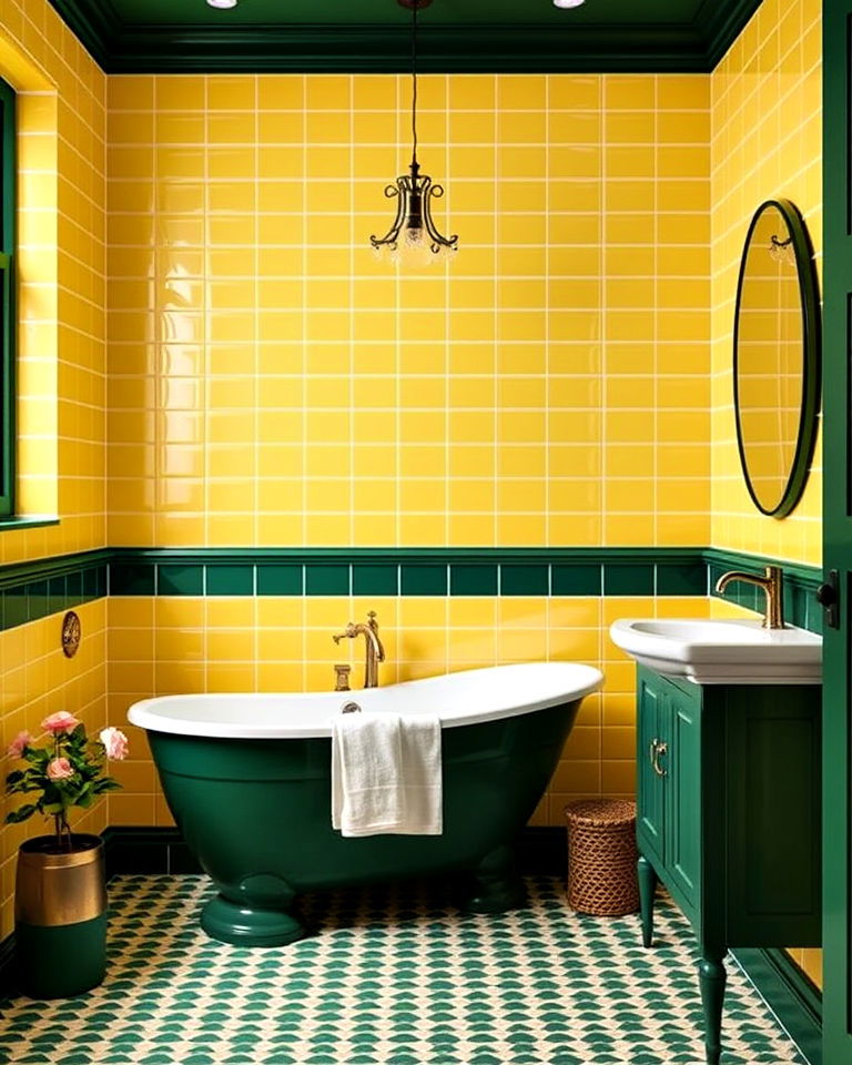 lemon yellow tiles with forest green fixtures