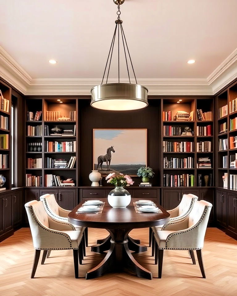 library dining room with statement lighting