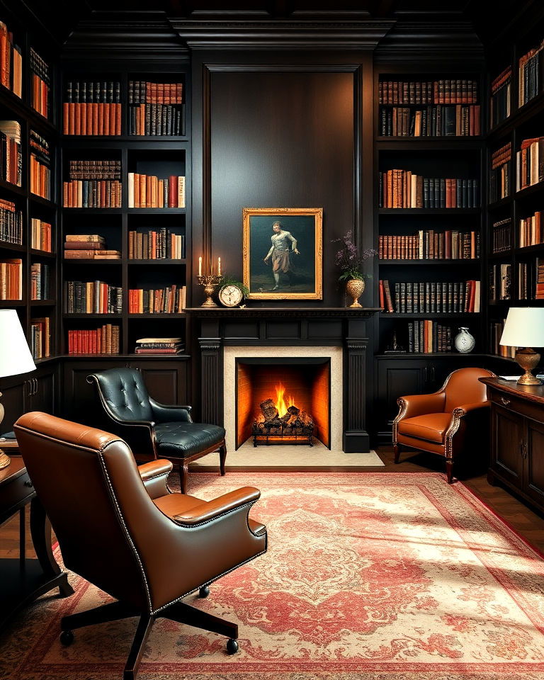 library style office with dark wood fireplace