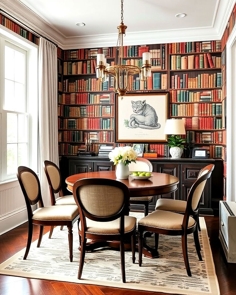 library themed wallpaper in the dining area