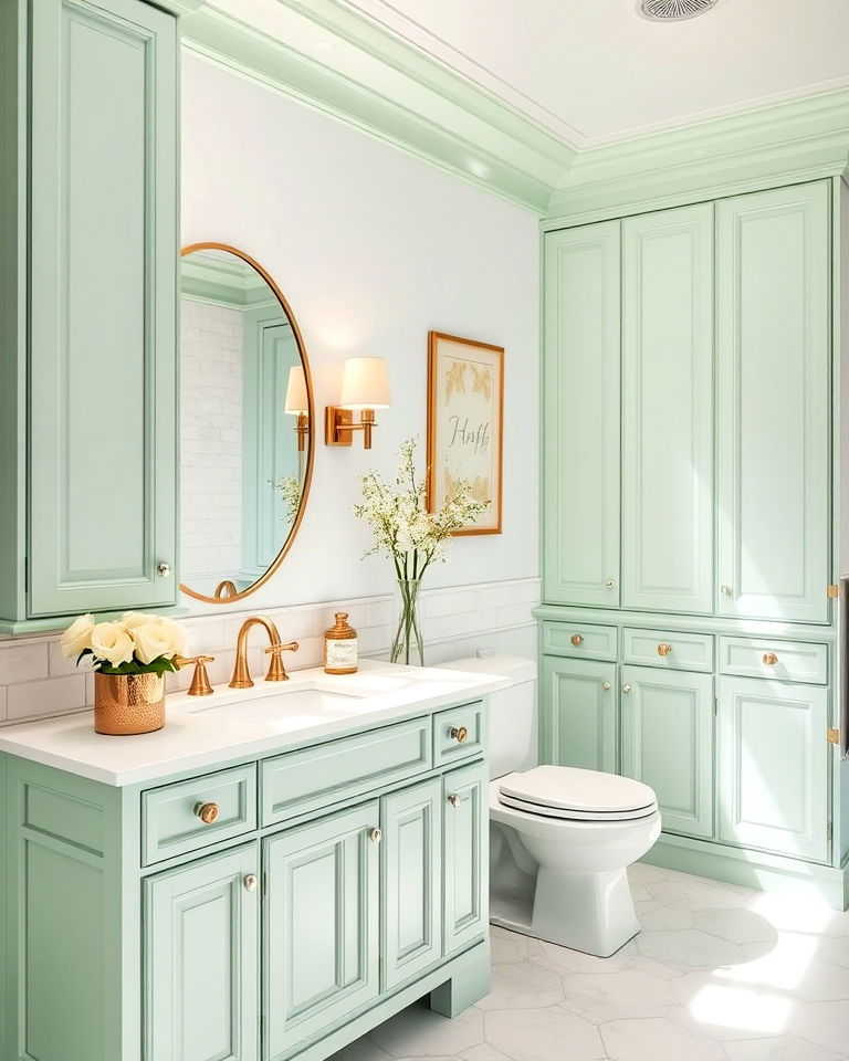 light and breezy pastel mint bathroom cabinets