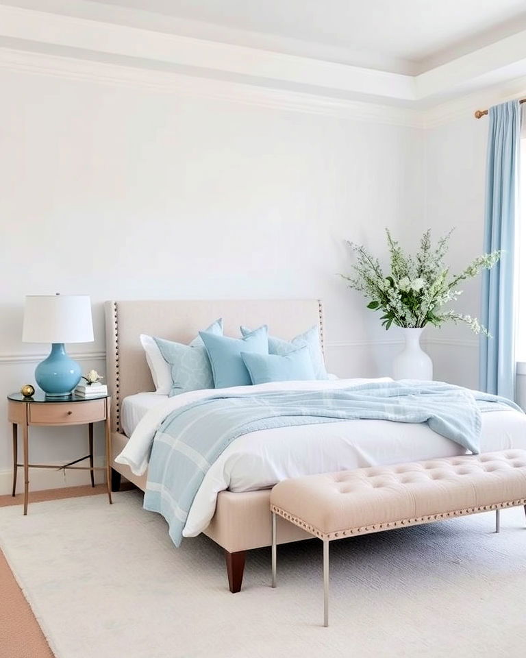 light blue accents in a neutral bedroom