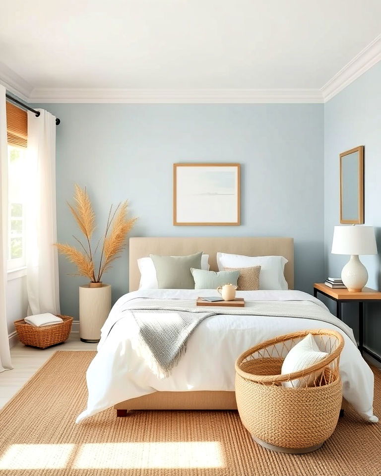 light blue and beige bedroom decor for coastal vibes