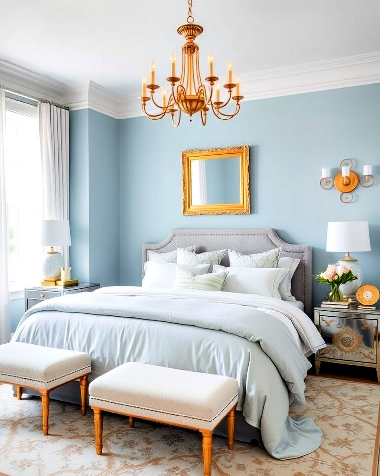 light blue and gold bedroom for a luxe touch