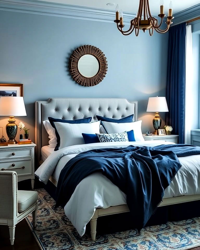 light blue and navy contrast bedroom