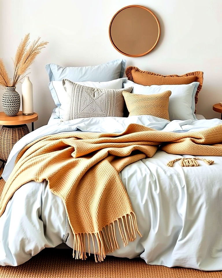 light blue bedding with earthy tones accents