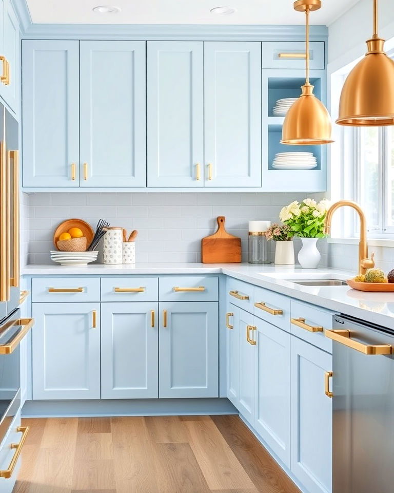 light blue cabinets with gold bar handles