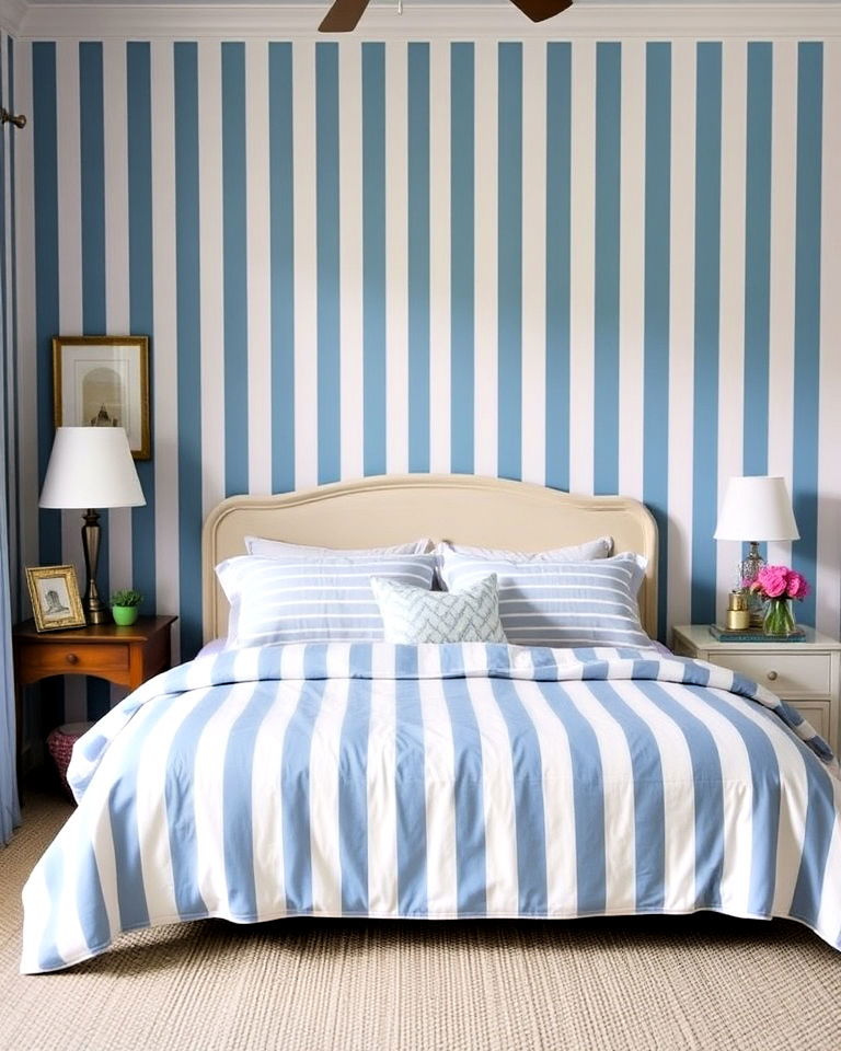 light blue stripes bedroom for visual interest