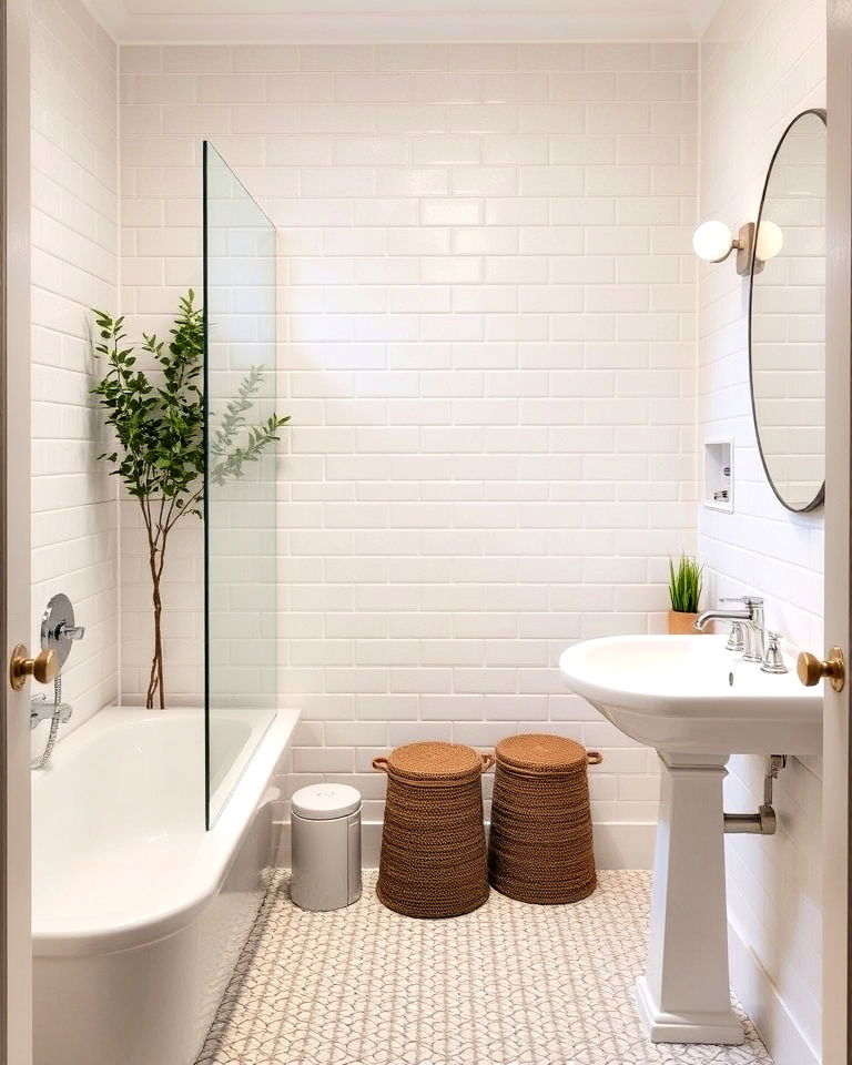 light colored hallway bathroom tiles