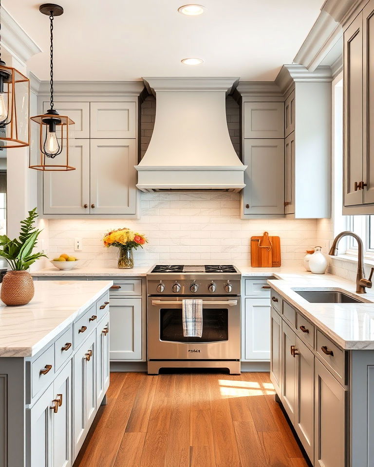 light gray cabinets with marble countertops