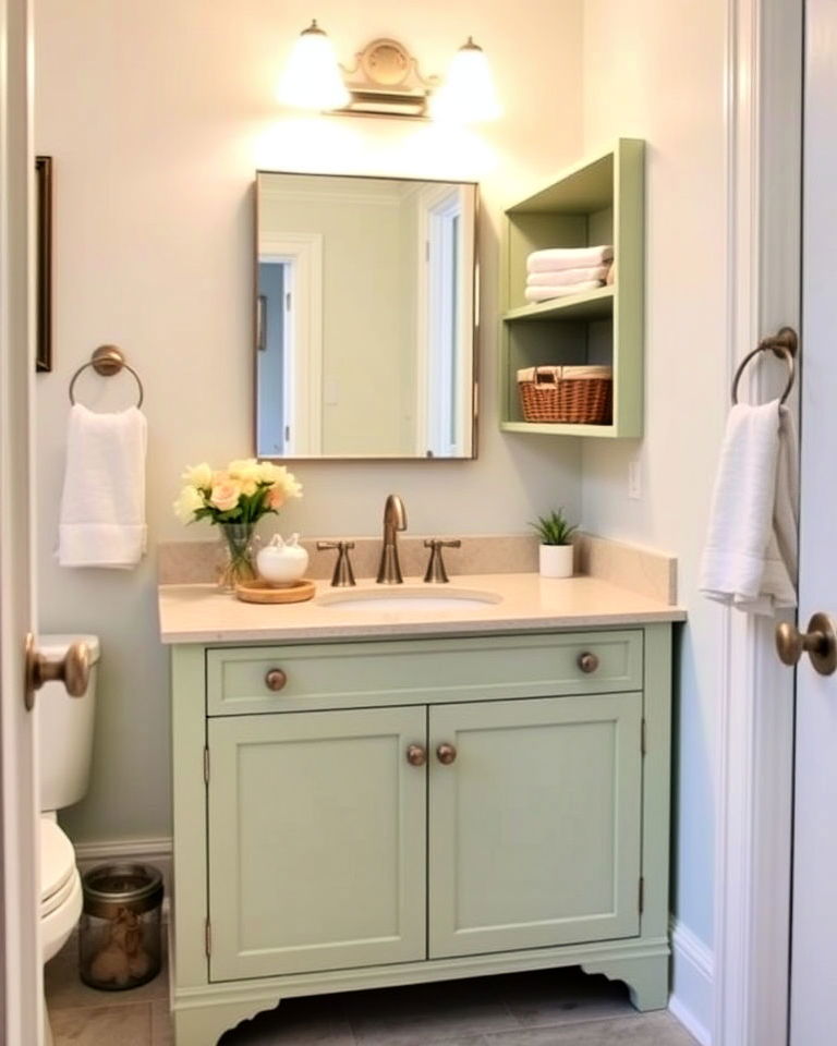 light green vanity with open shelving