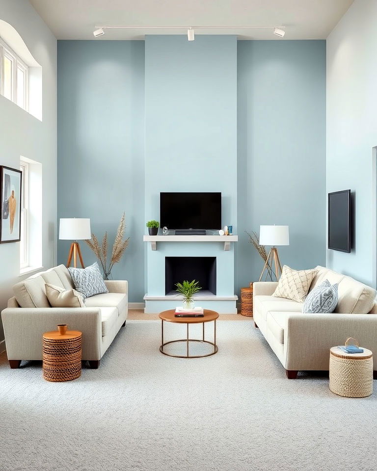 light grey carpet with pastel blue living room walls