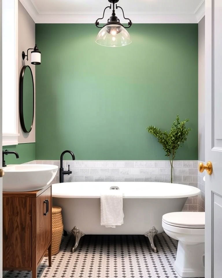 light grey subway tiles with green paint