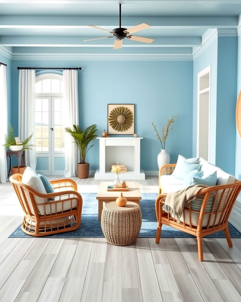 light grey wooden floor with sky blue living room walls