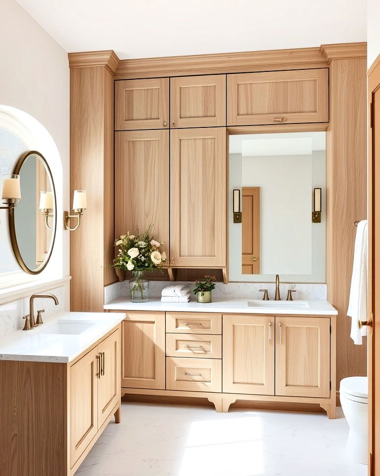 light oak cabinetry for a rustic bathroom