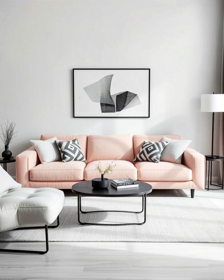 light pink couch and monochrome decor living room