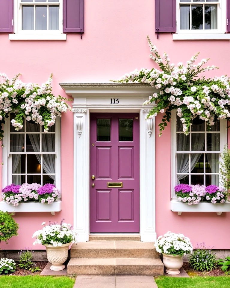 light pink house exterior with floral accents