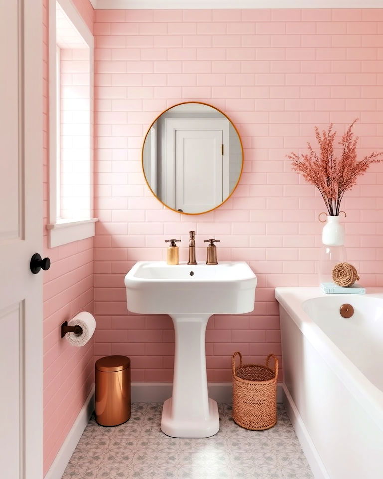 light pink subway tiles for a classic look bathroom