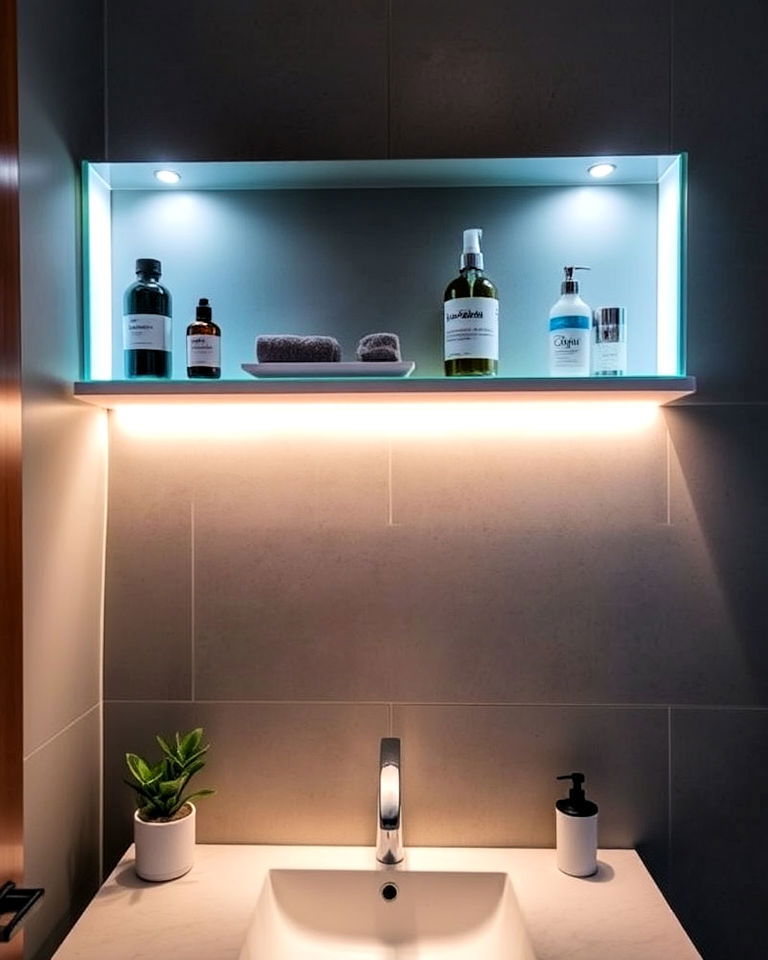lighted shelves for functional bathroom lighting