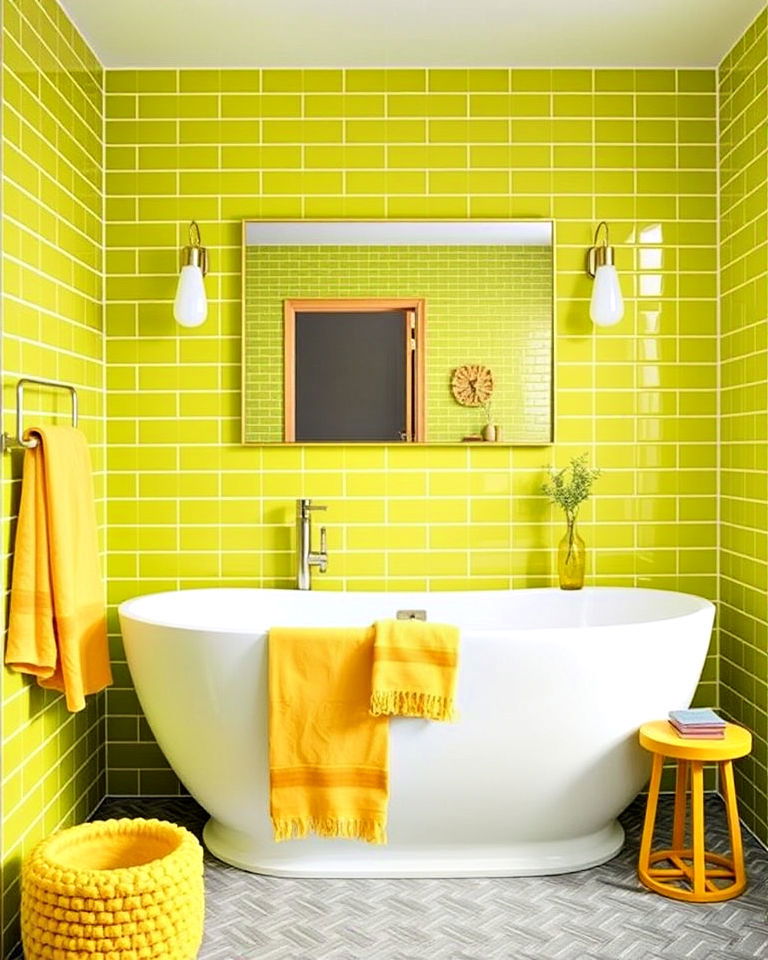 lime green tiles with sunshine yellow towels