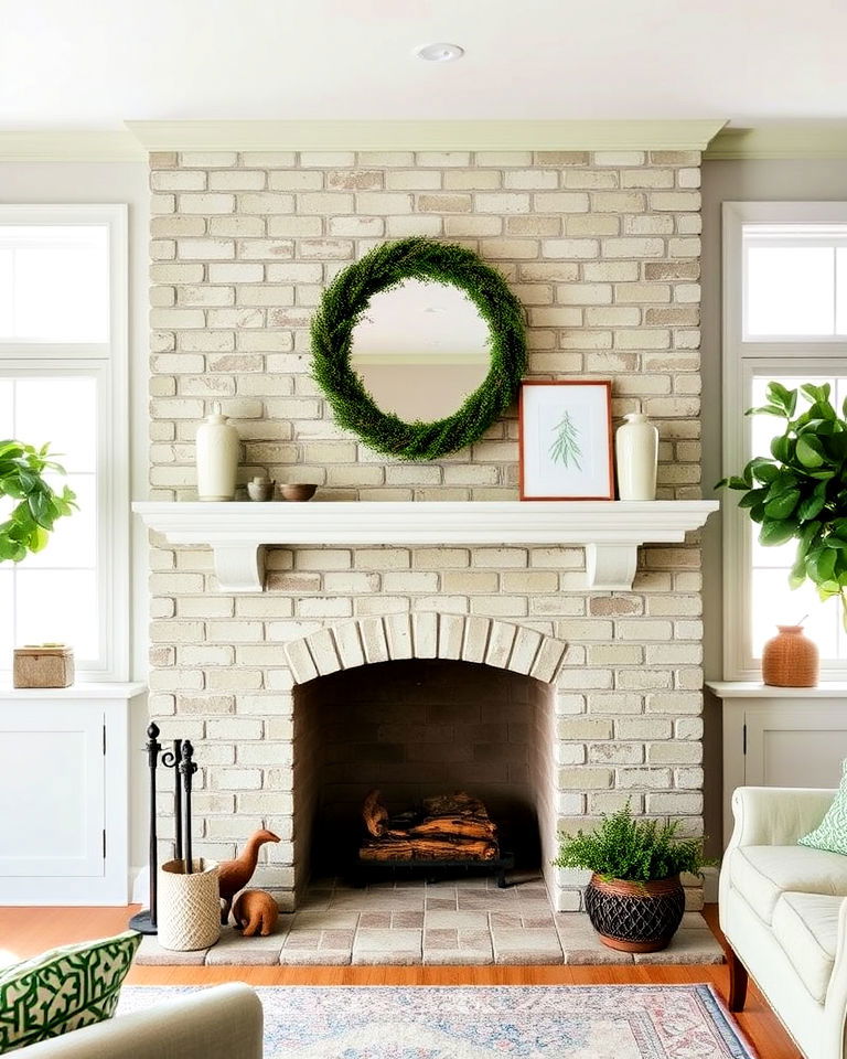 limewash green brick fireplace