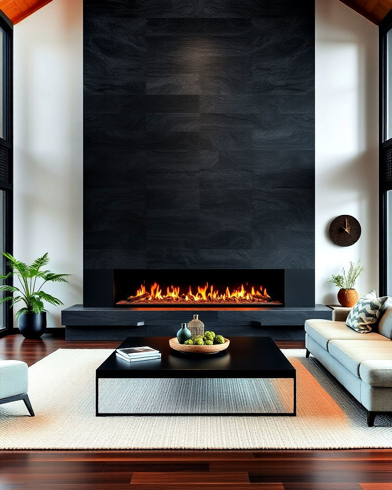 linear black stone fireplace for a modern aesthetic