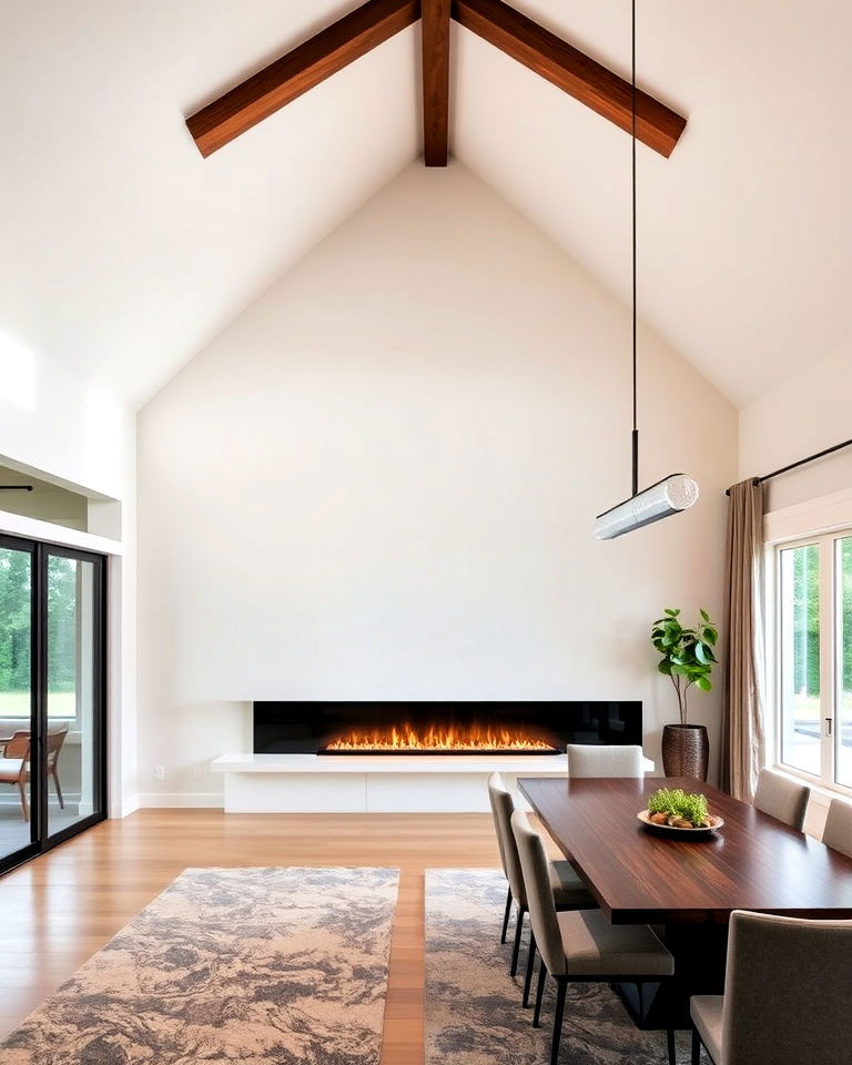 linear fireplace in a vaulted ceiling dining area