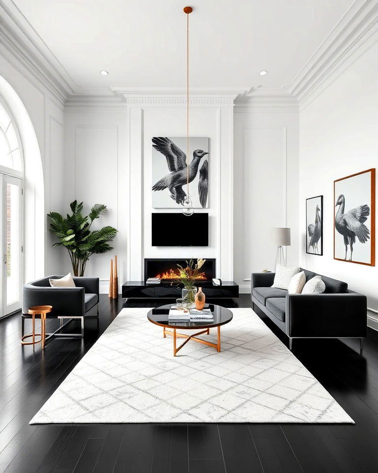 living room black floor with white walls