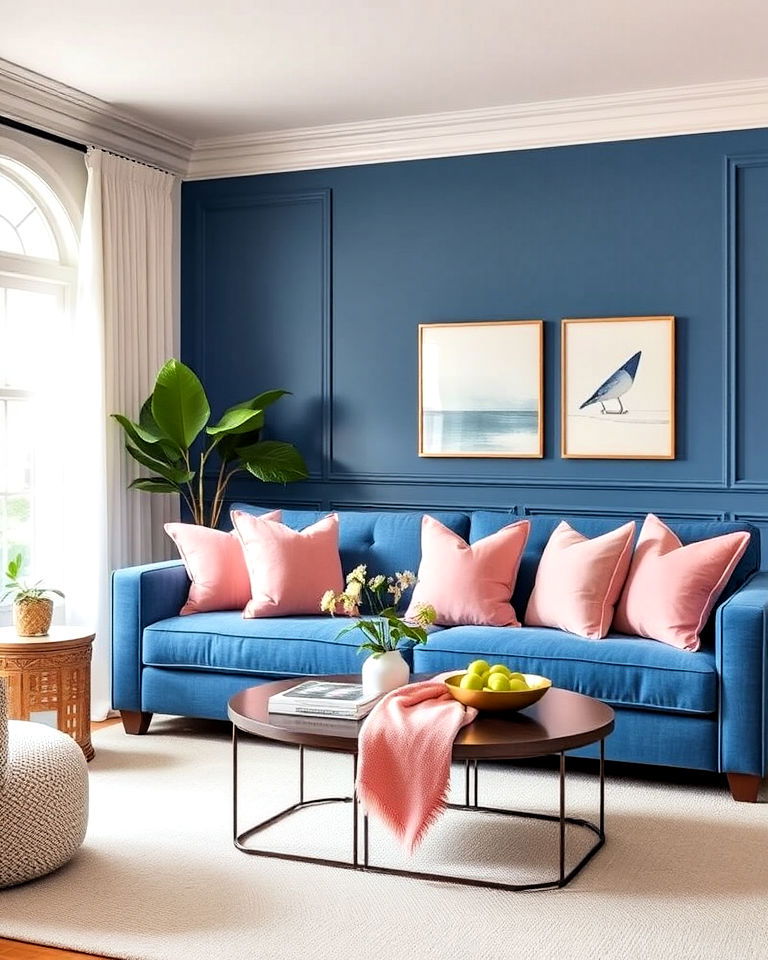 living room blue sofa with pink throw pillows