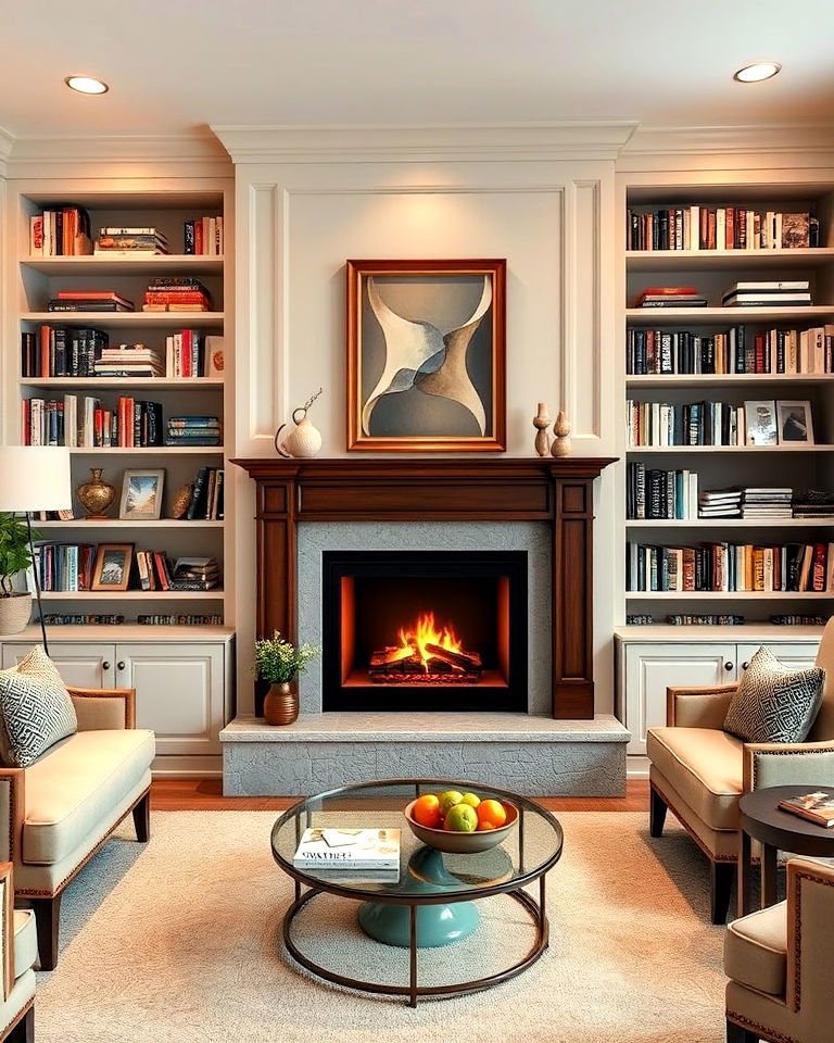 living room built in bookshelves with a fireplace