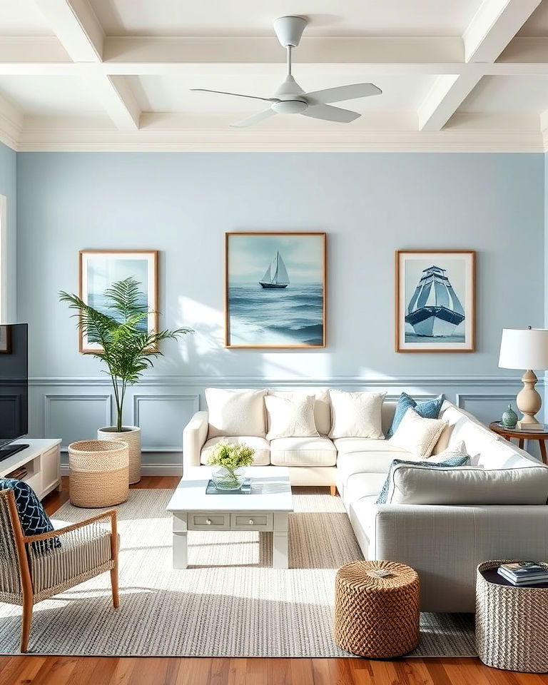 living room coastal blue wainscoting