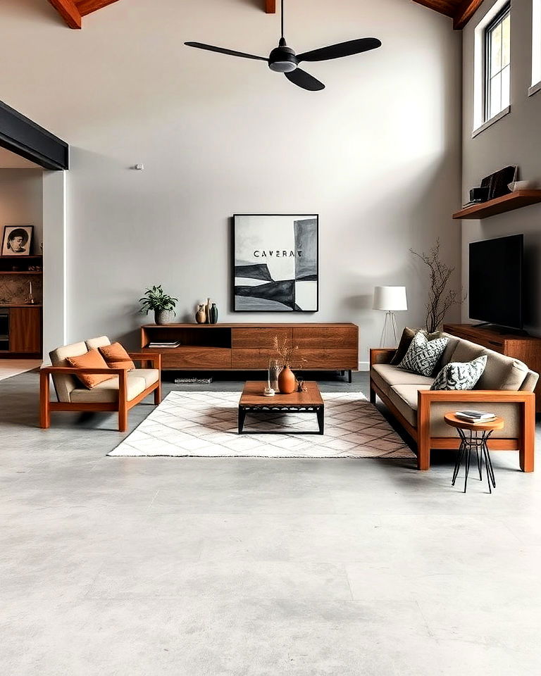 living room concrete floors with wood accents