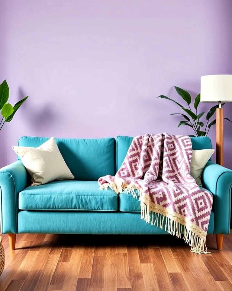 living room couch with throw blanket