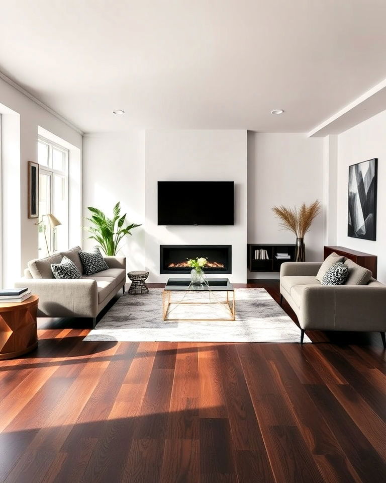 living room dark brown floor with light wall