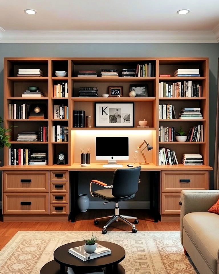 living room desk integrated with bookshelves