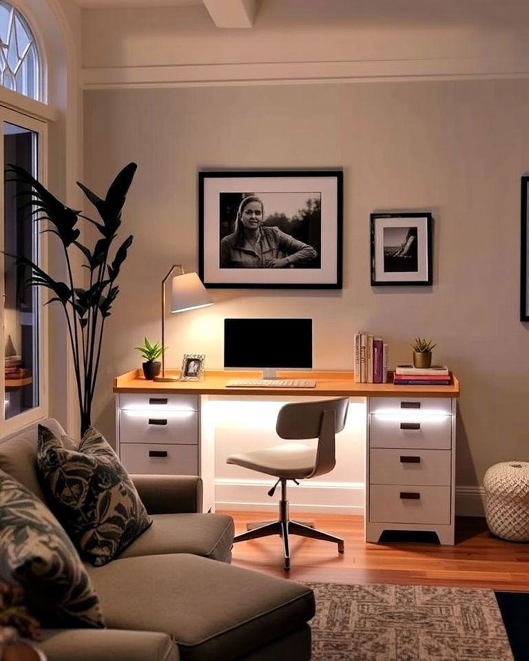 living room desk with integrated lighting