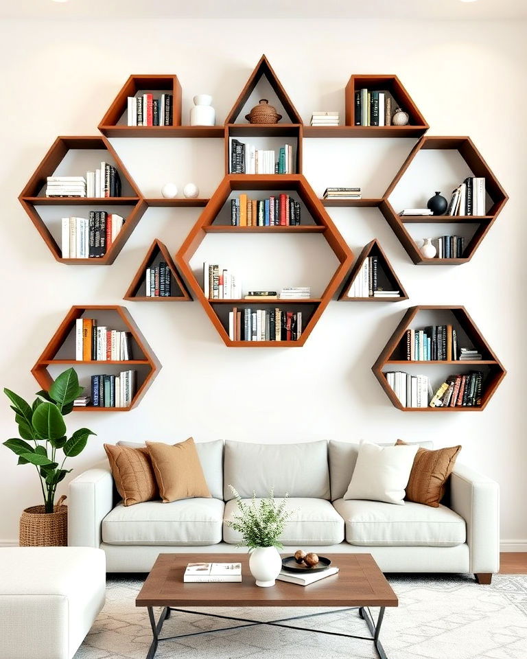 living room geometric bookshelves