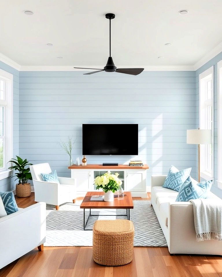 living room light blue shiplap for a fresh look