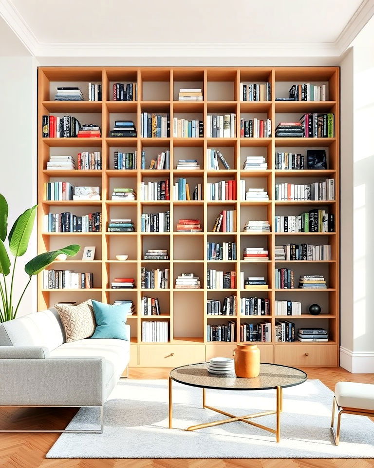 living room open back bookshelves