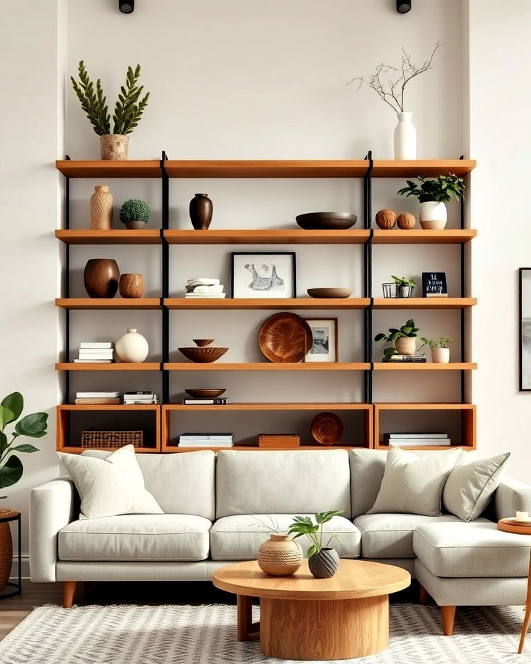 living room open shelving with natural decor