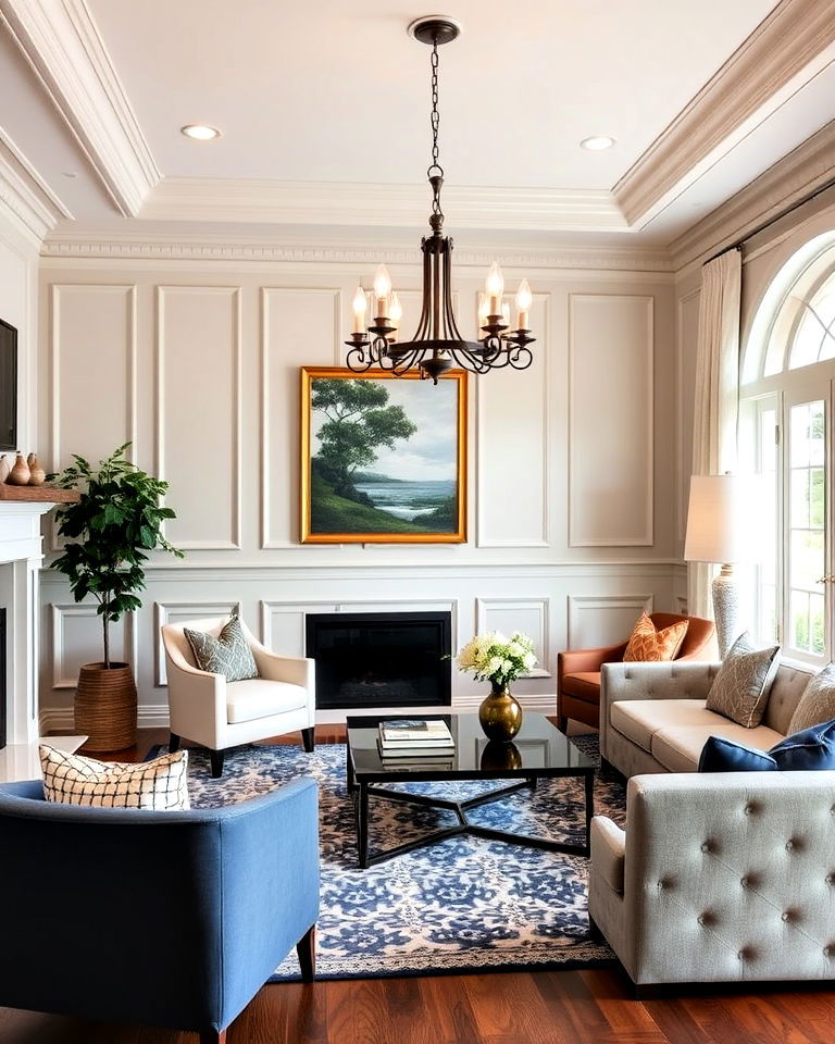 living room raised panel wainscoting