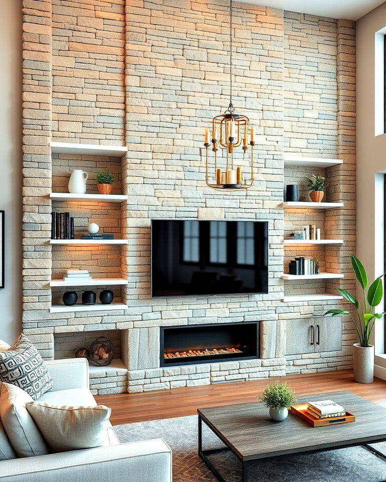 living room stone accent wall with built in shelves